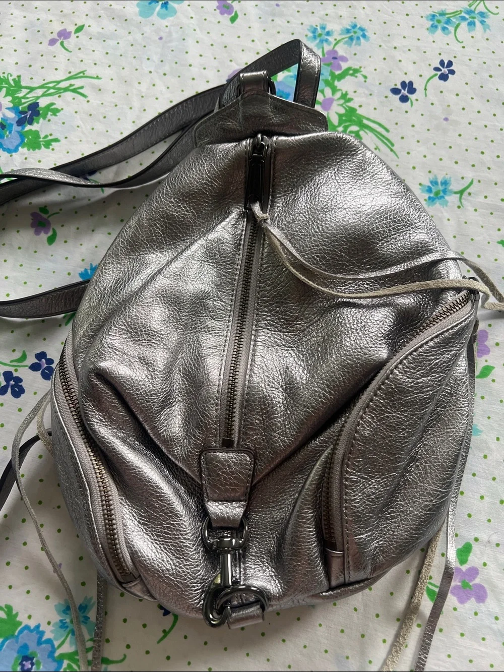 Rebecca Minkoff Pebbled Leather Mini Backpack Julian Convertible Silver Metallic
